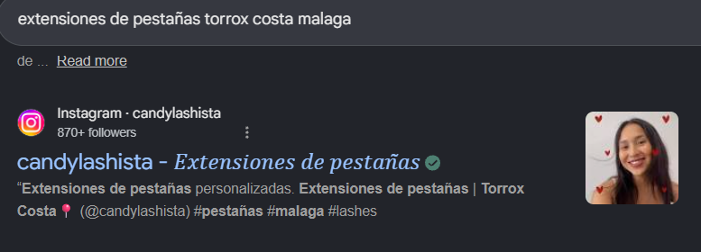 Captura de Google para extensiones de pestañas torrox costa malaga, con el perfil de Instagram candylashista entre los resultados