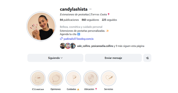 Captura del perfil con foto de Candela, ubicación de Torrox Costa y destacados reorganizados